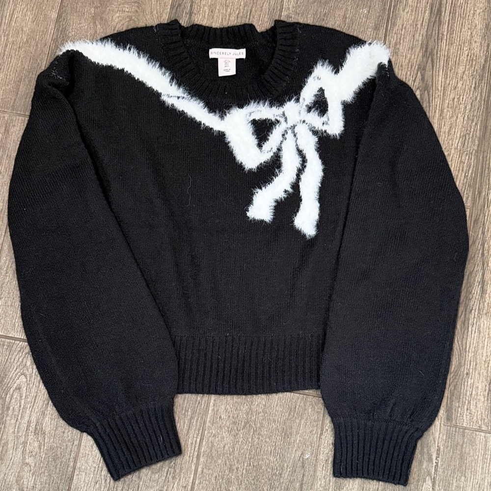 Sincerely Jules Black Sweater with White Bow Detail